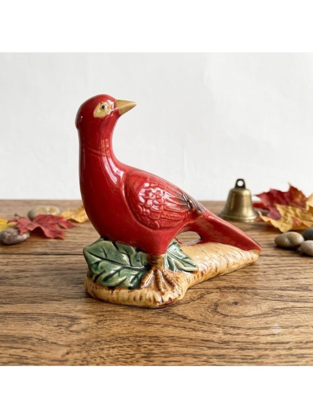 Vintage Red Cardinal Ceramic Figurine Mid Century Japan Bird on Log 8"